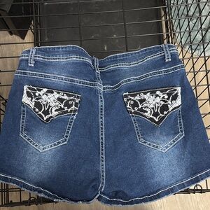 Women's Blue Jean Shorts with Black and White Embroidery